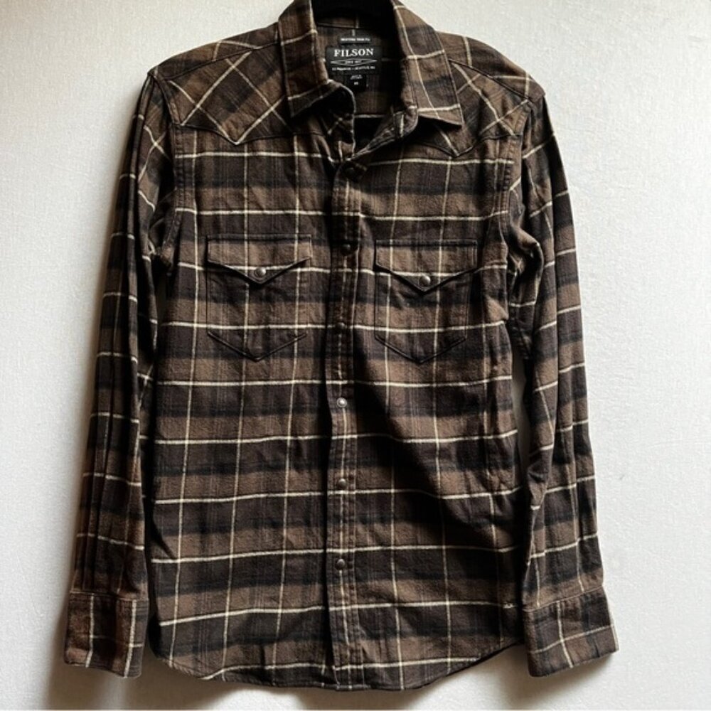 Filson Snap Button Brown Plaid Flannel Shirt Sz S